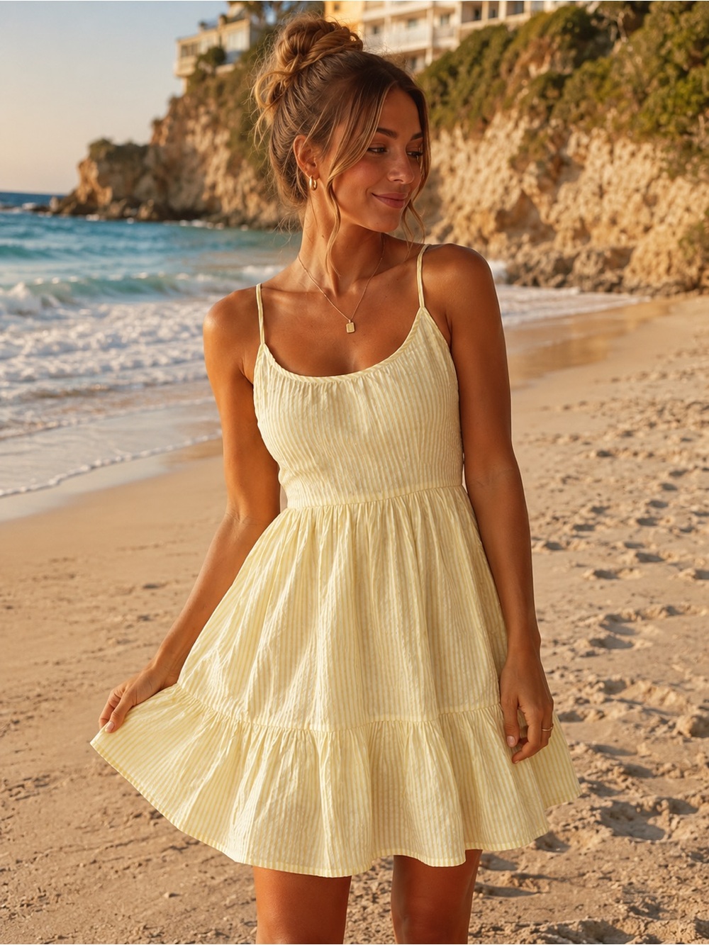 Yellow Striped tiered Sundress Ruffled Hem cottagecore summer coastal dress